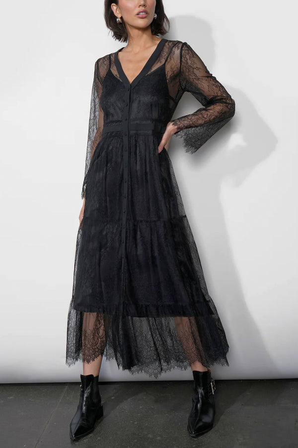 Emma Button Up Lace Tiered Maxi Dress