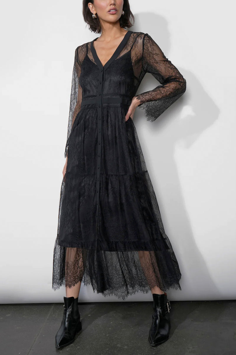 Emma Button Up Lace Tiered Maxi Dress