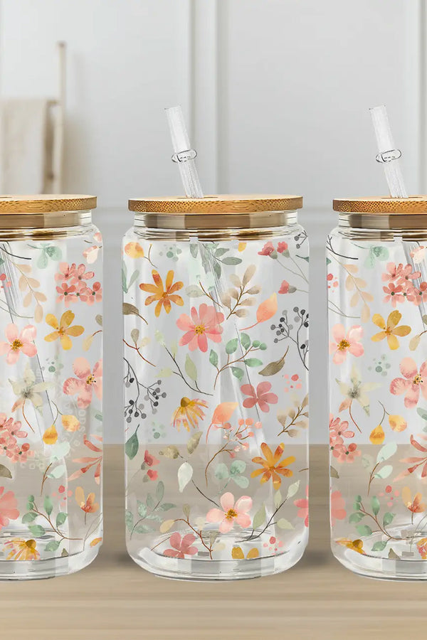 Glass Can with Bamboo Lid & Glass Straw - Wildflowers