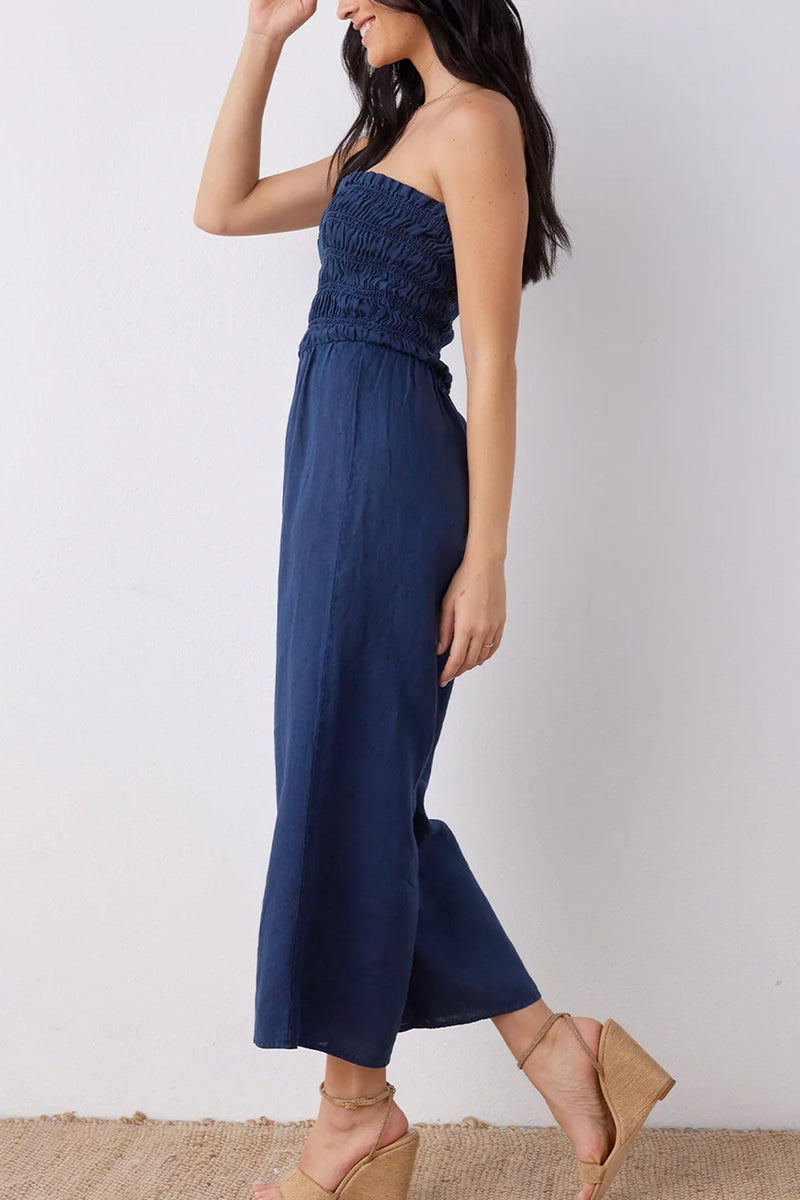 Linen Smocked Strapless Jumpsuit