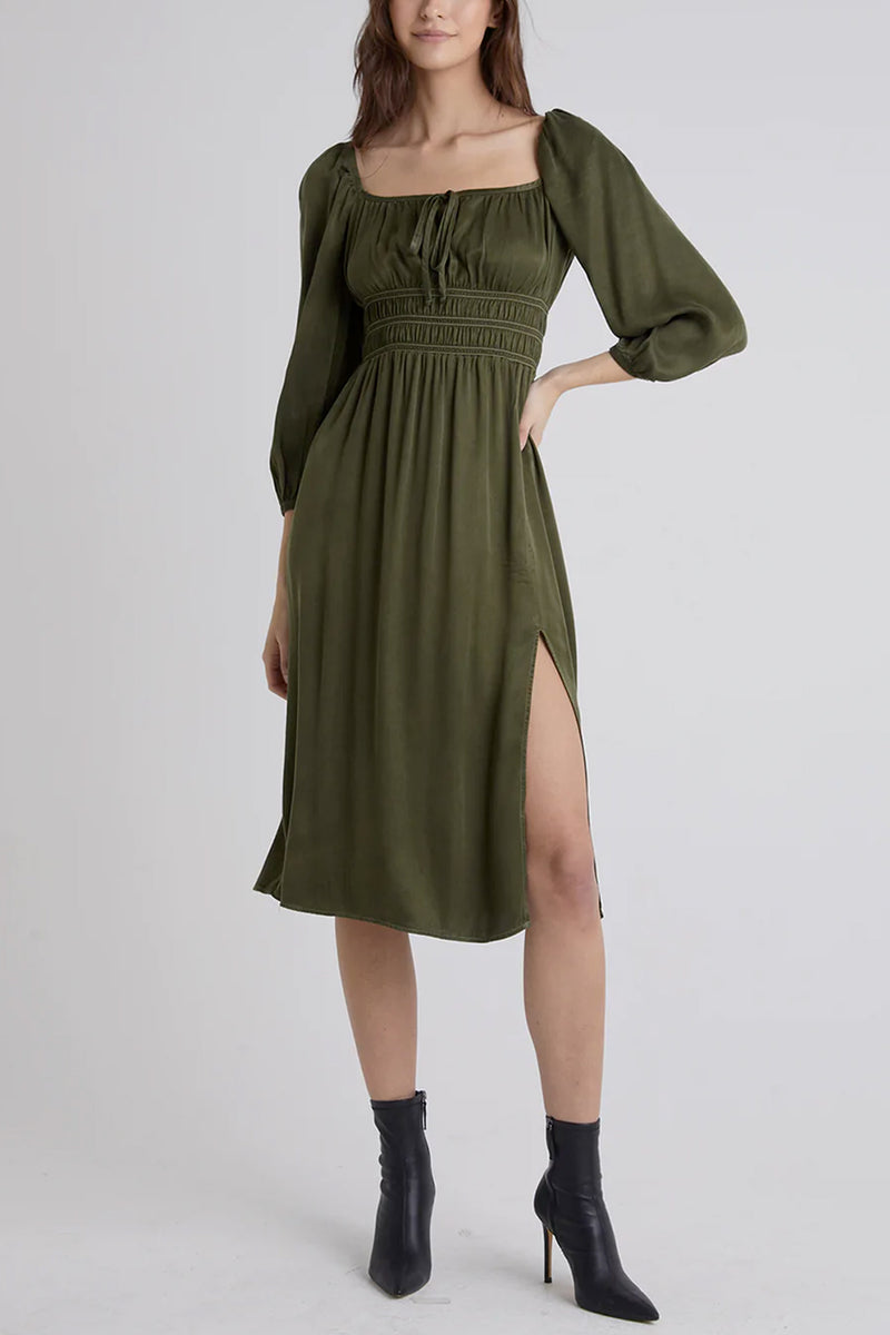 Beverly Ruched Midi Slit Dress