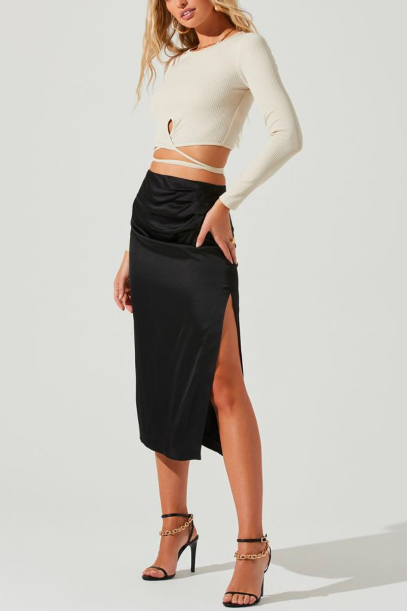 Perry Ruched Side Slit Midi Skirt