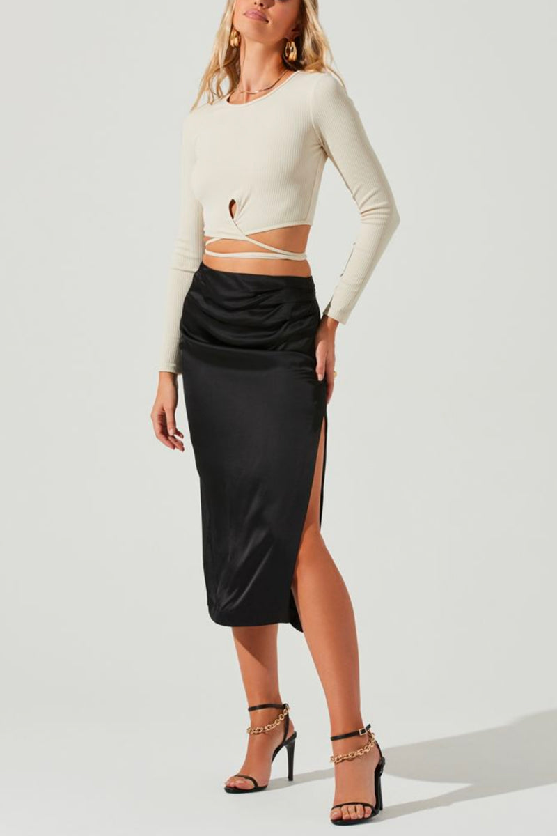 Perry Ruched Side Slit Midi Skirt