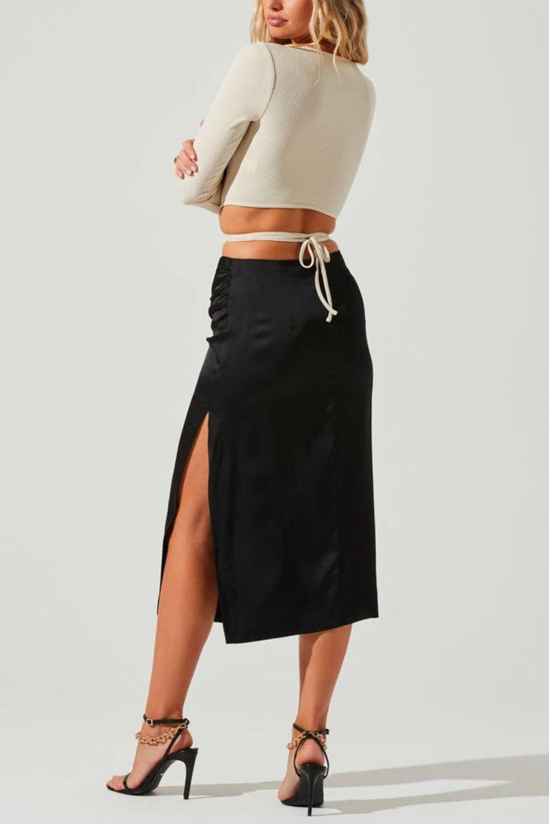Perry Ruched Side Slit Midi Skirt