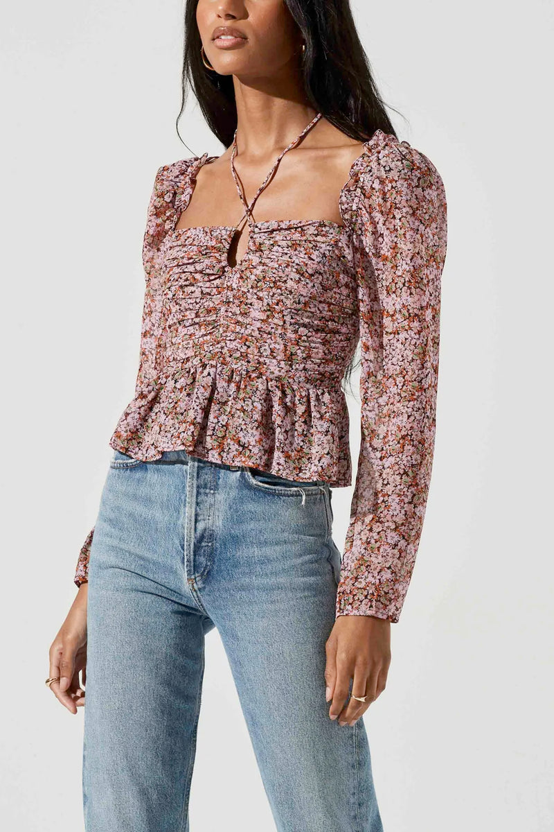 Toni Ruched Halter Long Sleeve Peplum Top