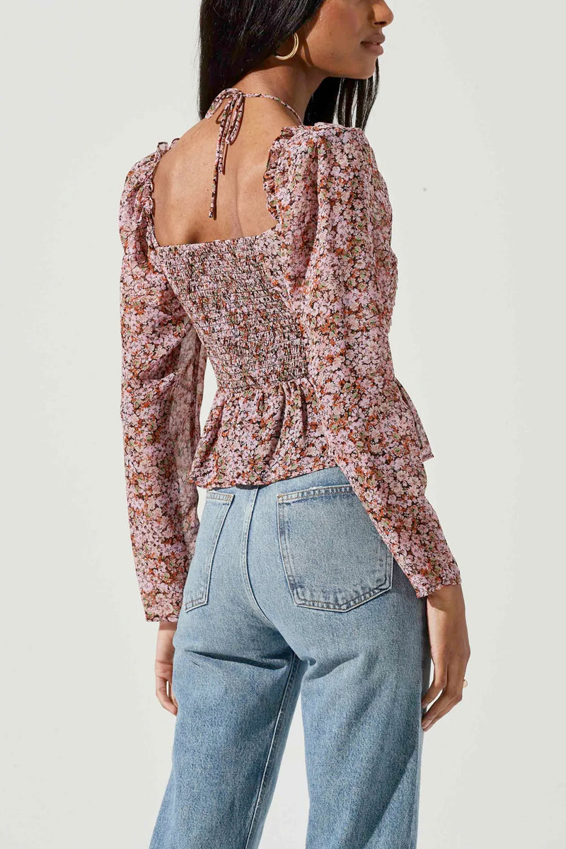 Toni Ruched Halter Long Sleeve Peplum Top